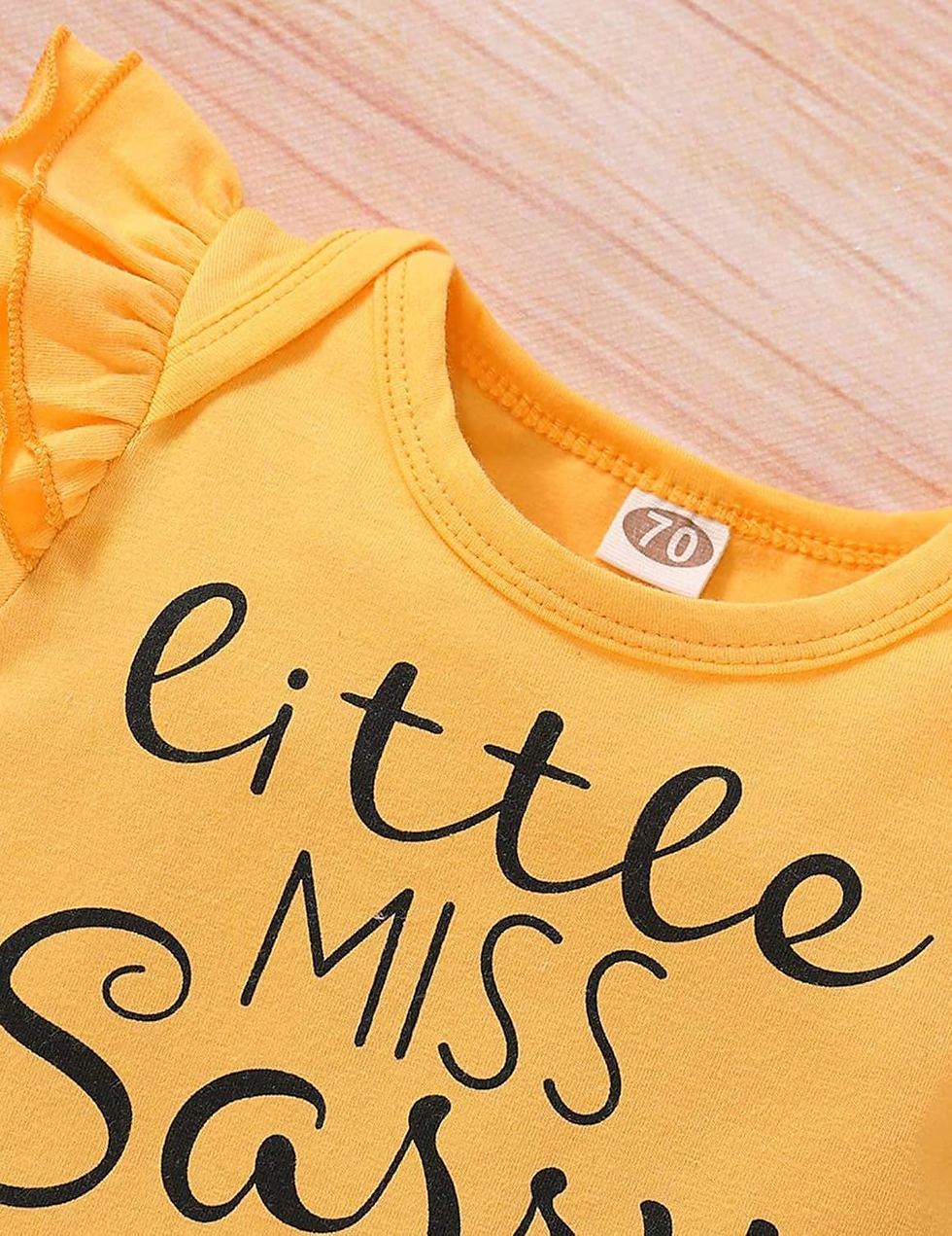 Thumbnail: Yellow baby onesie reading "little MISS" with size tag.