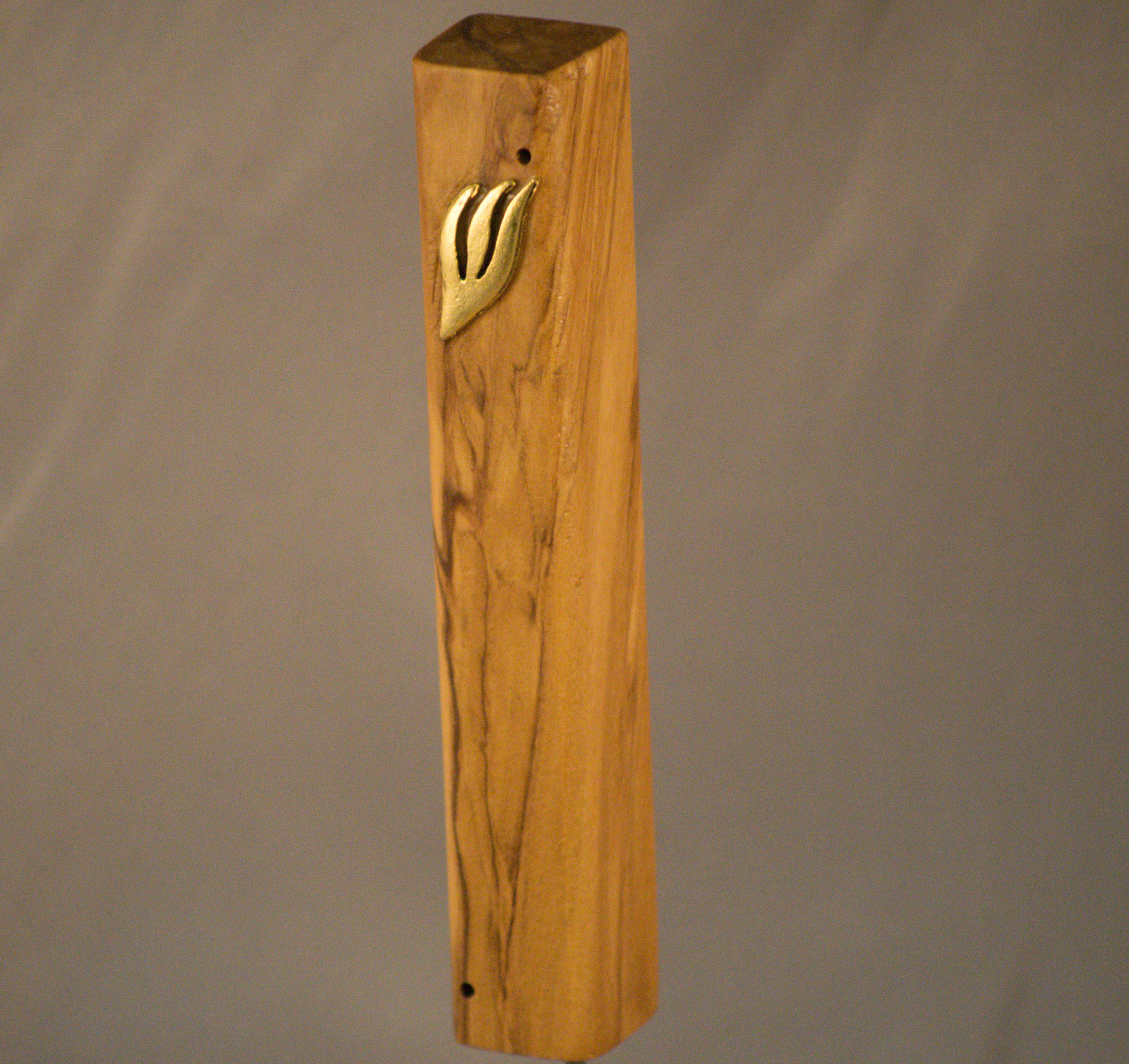 Mediterranean Olive Wood Mezuzah with Golden Flame Shin