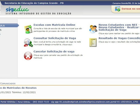 Primeiro dia de matrículas on-line tem mais de 400 vagas preenchidas em Campina Grande