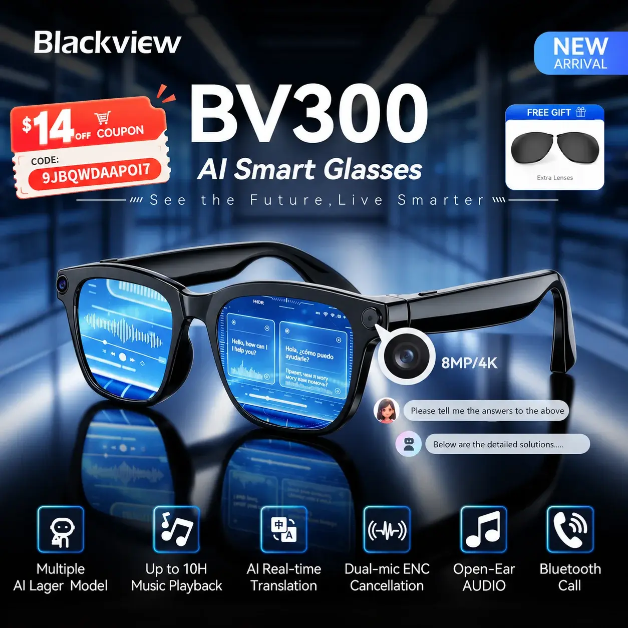 Blackview BV300 4K AI Glasses Color-Chanation Glasses Photo Video