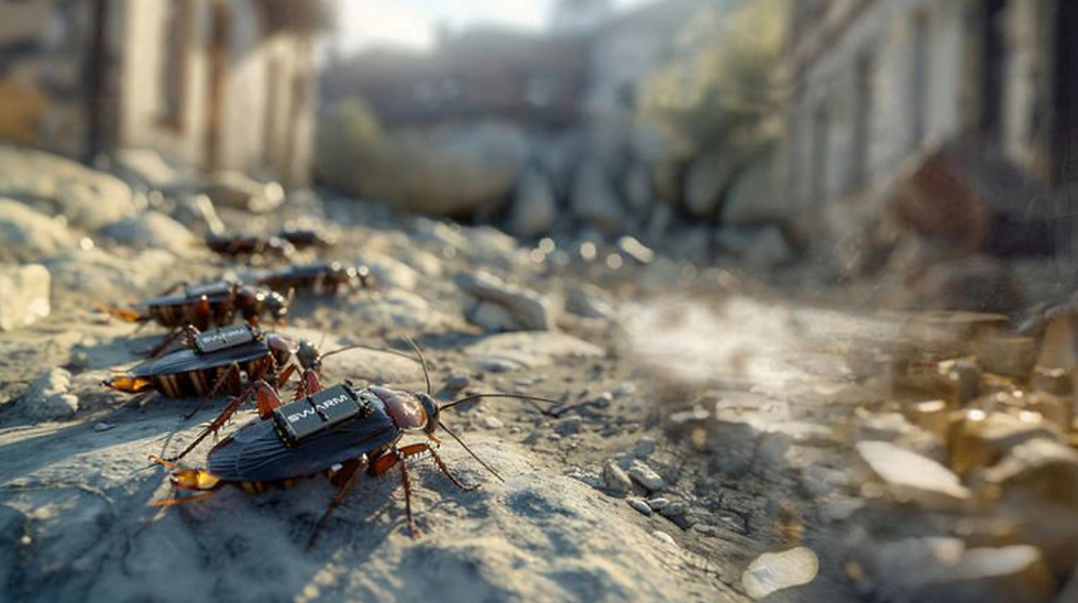 A digital illustration released by Swarm Biotactics shows what they describe as cyborg cockroaches equipped with specialised backpacks that enable real-time data collection from cameras. Image credit: Swarm Biotactics/Handout via REUTERS.