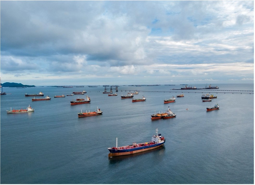 Oil tankers offshore showing contested maritime routes, security risk and pressure on global shipping.