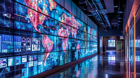 Digital operations room with a large global map display, representing real-world risk visibility, infrastructure resilience and operational intelligence.