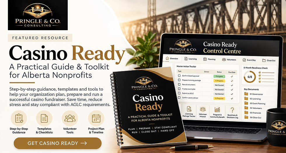 Casino Ready guide and toolkit for Alberta nonprofits with Control Centre on laptop