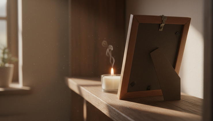 Close-up view of a framed photo beside a small lit candle.