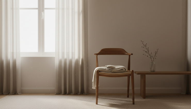 Eye-level view of an empty wooden chair beside a softly lit window.
