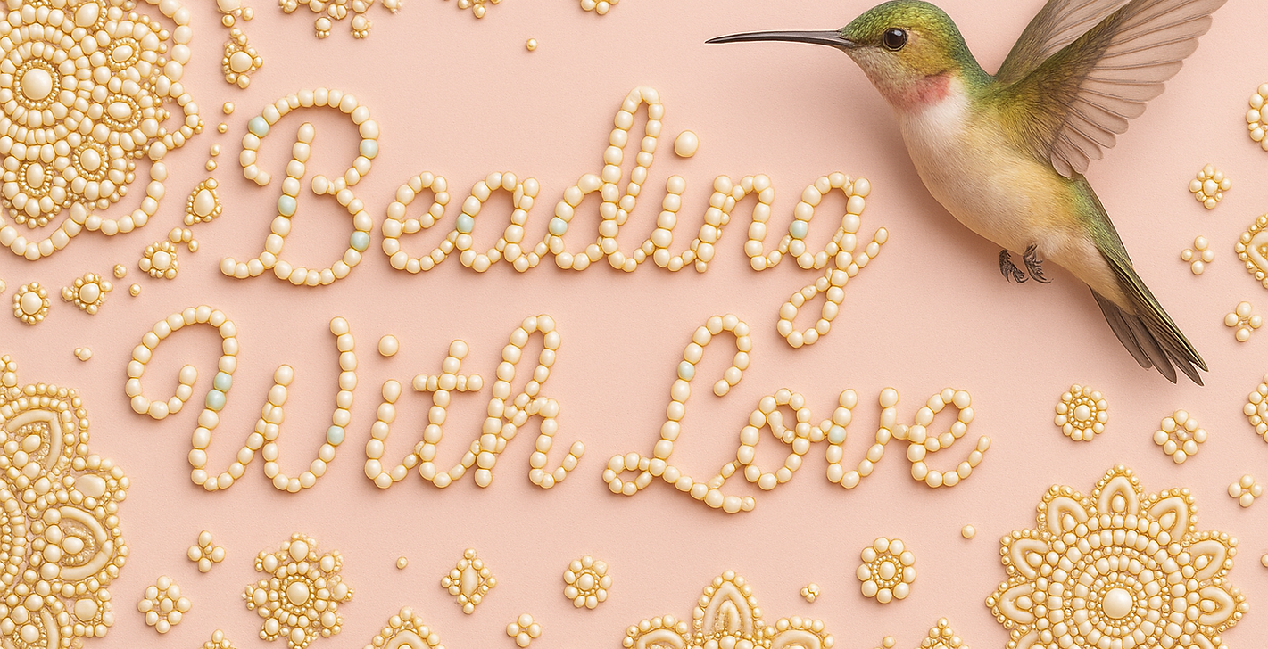Pink with beaded elements with a flying hummingbird and beading with love