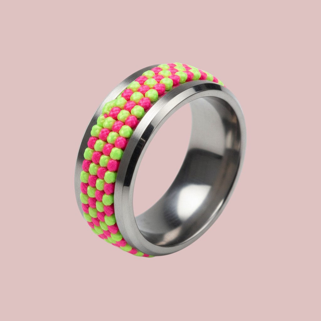 Neon Pink and Green Beaded Spinner Fidget Ring(size 7)