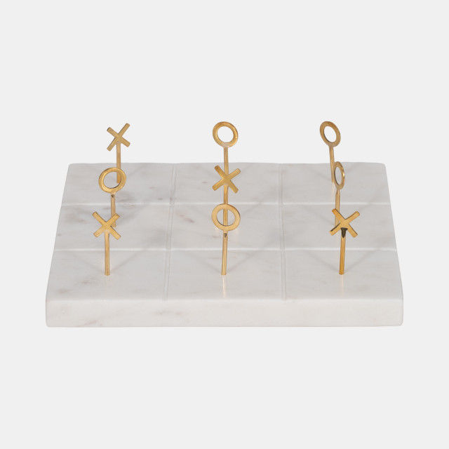 9" Marble Tic-tac-toe With Gold X & O, White/gold
