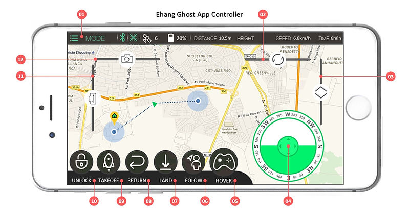 Ehang Ghost App Controller: AUTO-RETURN, DATA SYNC, POINT-TO-POINT FLYING, TILT MODE, ONE-CLICK HOVER COMMAND, MICRO CONTROL MODE, MICRO CONTROL MODE, AUTO FOLOW MODE, HD AERIAL FILMING