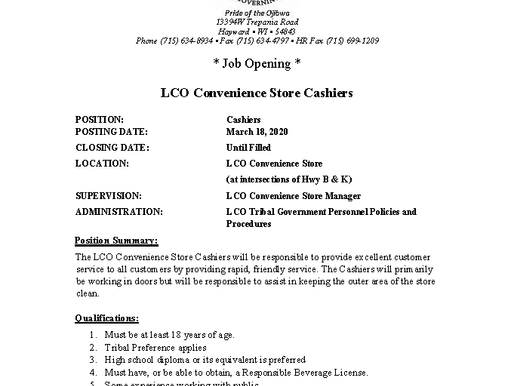 LCO C-Store in Urgent Need of Cashiers