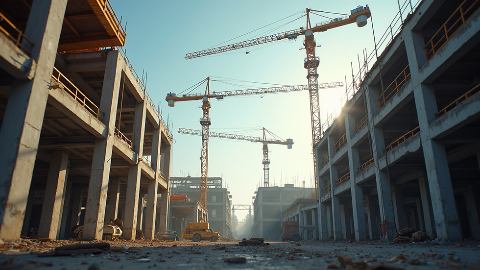 Eye-level view of a construction site with cranes and scaffolding