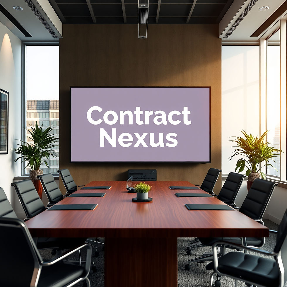 Create office image with _Contract Nexus_ words on a screen in the office, ready for board