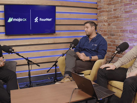 The Mojo/FourNet Podcast recording. 2 men interviewing another in a podcast studio