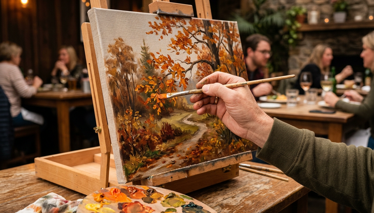 Close-up of a paintbrush adding orange leaves to a fall canvas.