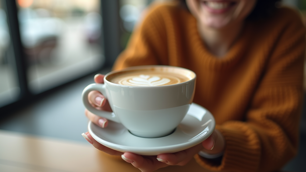 Close-up view of a smiling person holding a coffee cup in a relaxed setting