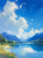 Scenic landscape painting of lake, mountains, and clouds during Lazy Days, Studio B Finearts.