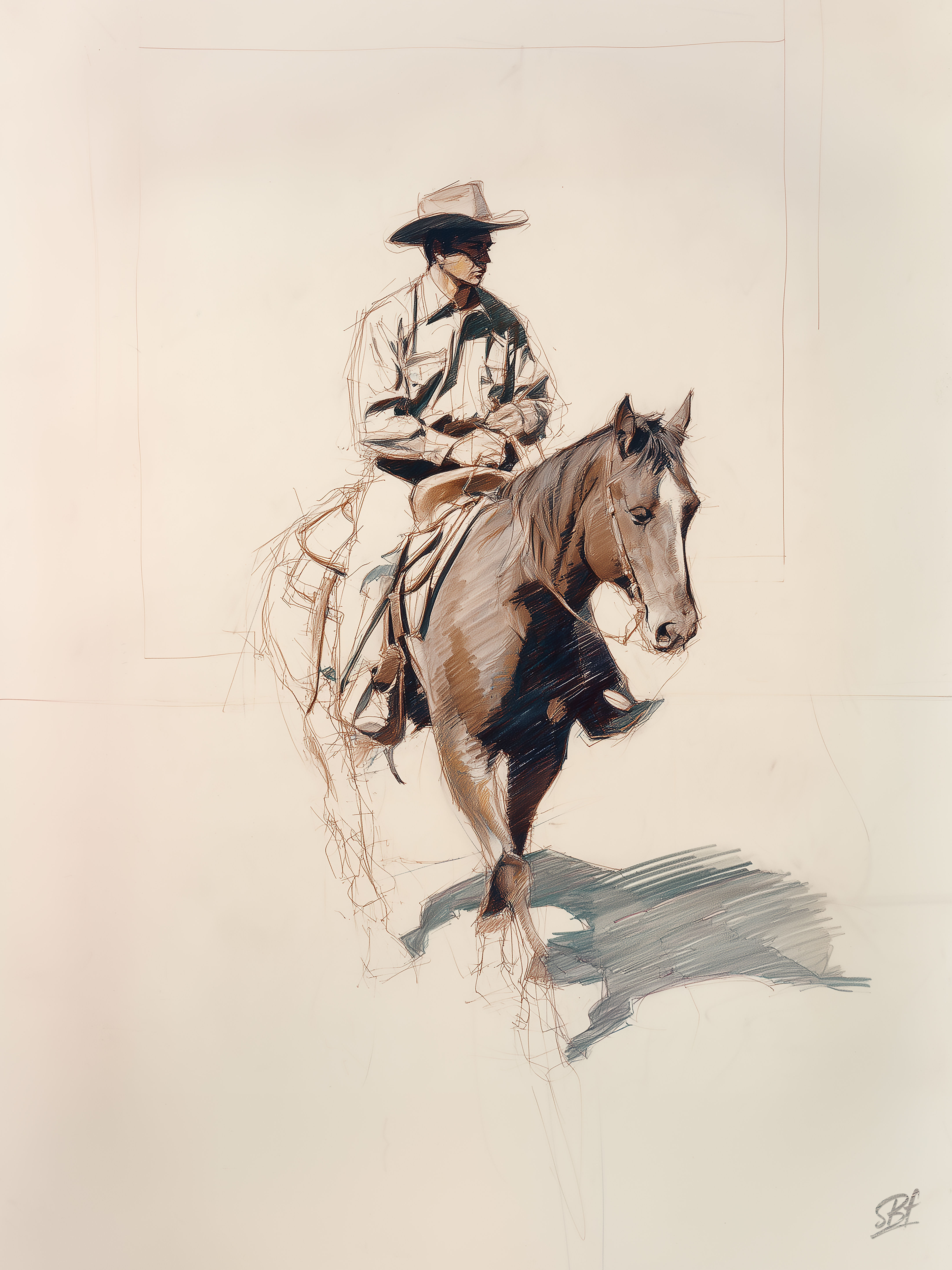 A cowboy riding a horse, wearing a hat, in a sketch with shadows. Studio B