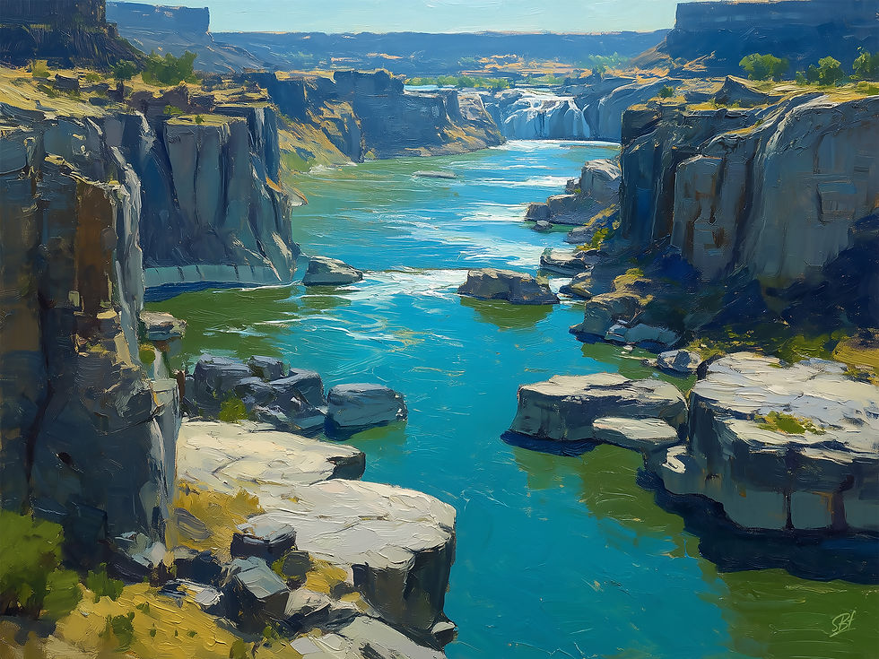 Scenic canyon landscape with river and waterfalls; natural beauty, peaceful scenery.