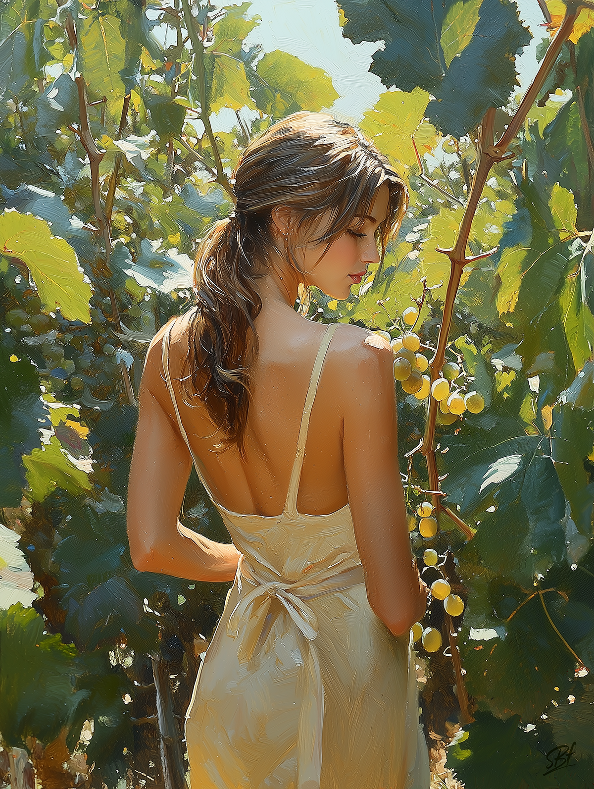 Woman poses in vineyard, looking at grapes, sunlight, and green leaves.