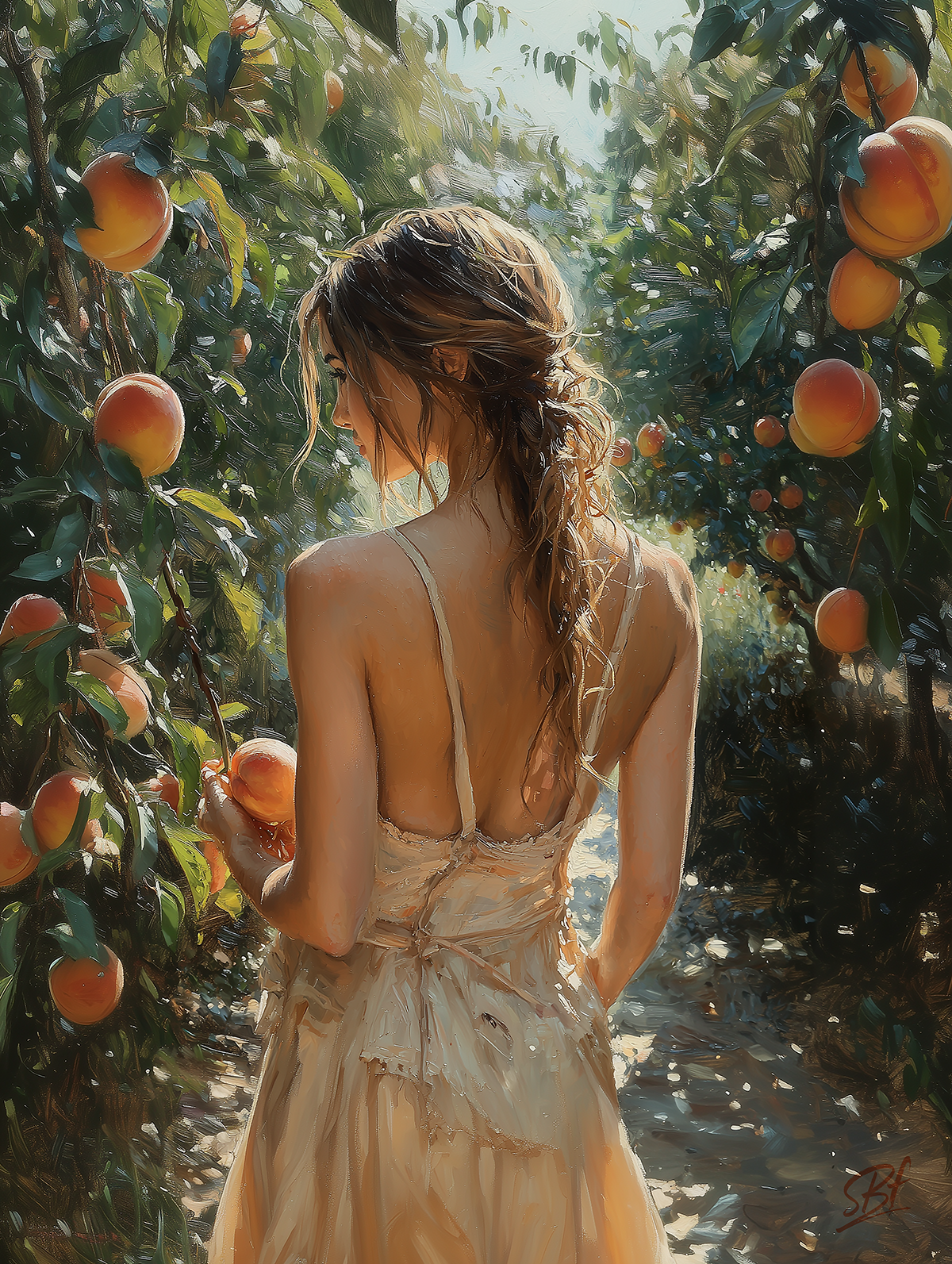 Woman in peach orchard, holding fruit, enjoying the summer day, Studio B Finearts