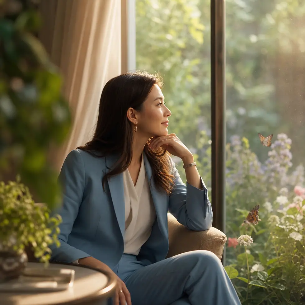 Woman watching butterflies in a garden through a window