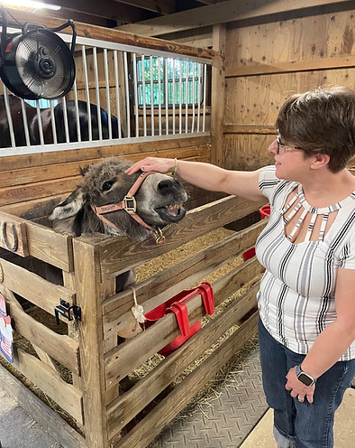 Dr. Jessica petting a donkey