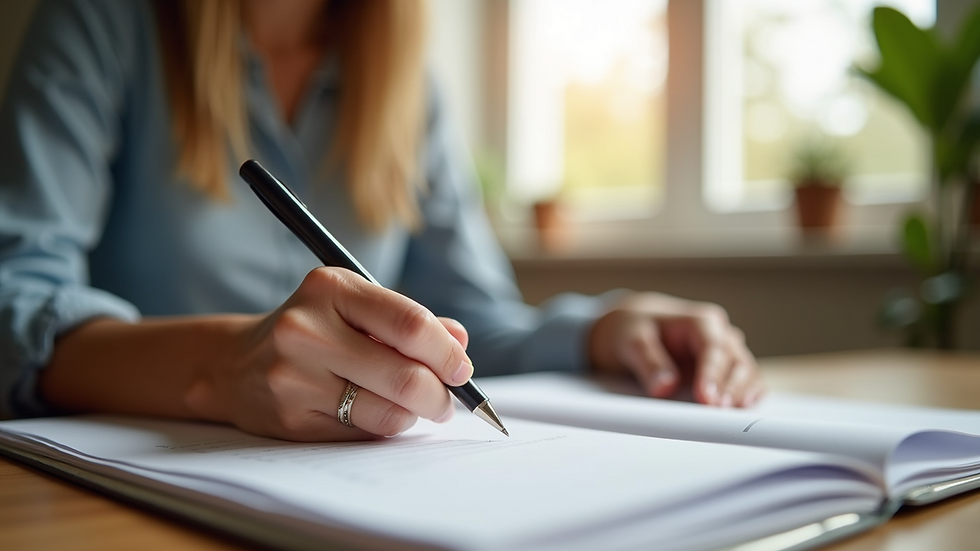 High angle view of a woman writing notes during a business coaching session