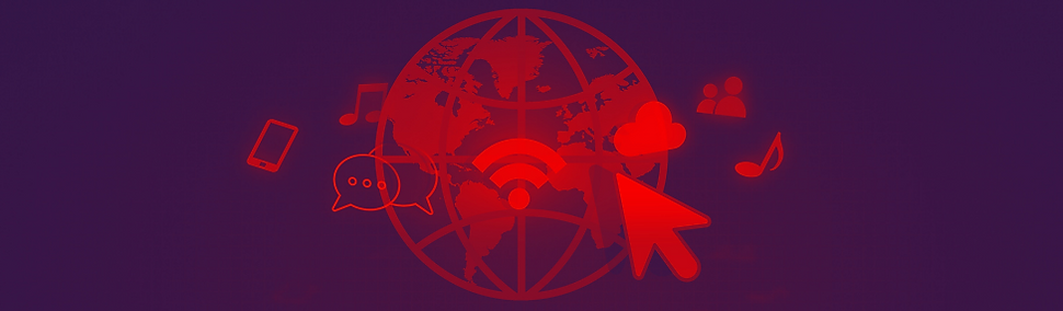 ilustracja przedstawiająca kulę ziemską otoczoną ikonami internetu, mediów społecznościowych, chmury, wiadomości, muzyki