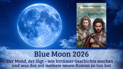 Blauer Vollmond vor Sternenhimmel, daneben Romancover Anderswelt; unten der Text Blue Moon 2026 und deutsche Unterzeile.