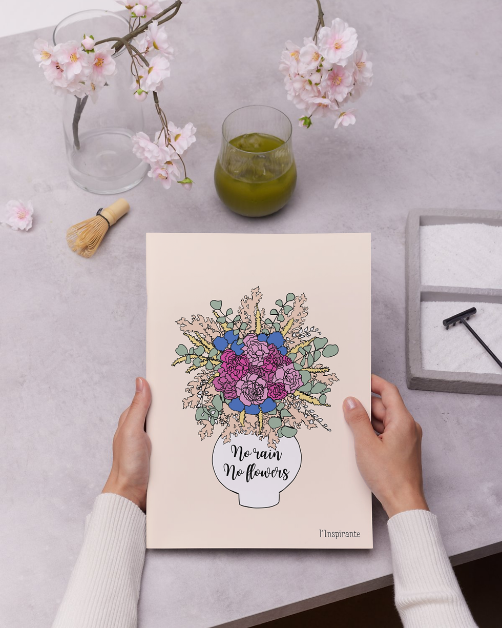 affiche décorative illustration bouquet de fleurs avec inscription positive no rain no flowers