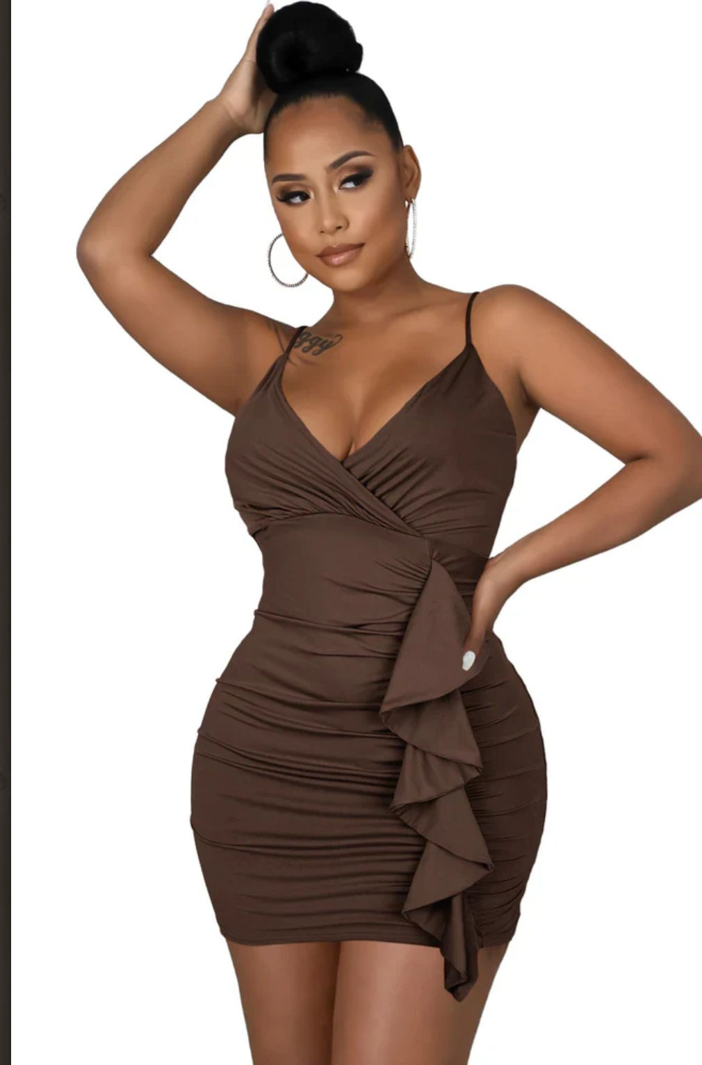 Strap ruched dress brown