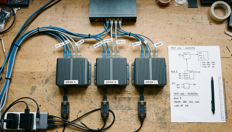 Overhead view of a test bench with small servers and cables.