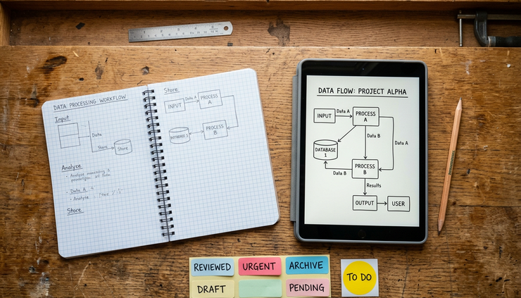 Overhead view of a notebook beside a tablet showing a simple data flow diagram