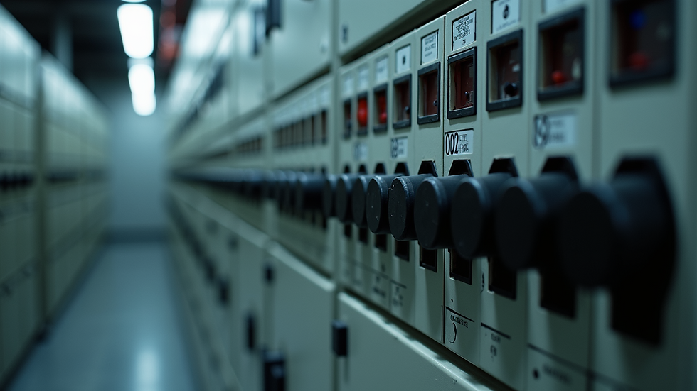 Eye-level view of an electrical panel with circuit breakers