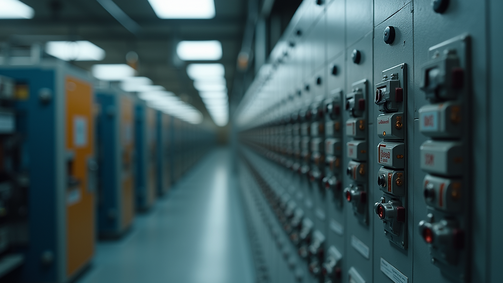 Eye-level view of a modern electrical panel with circuit breakers