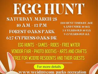 WCID110 Easter Egg Hunts - Saturday, March 28 from 10 a.m. - noon at Forest Oaks Park