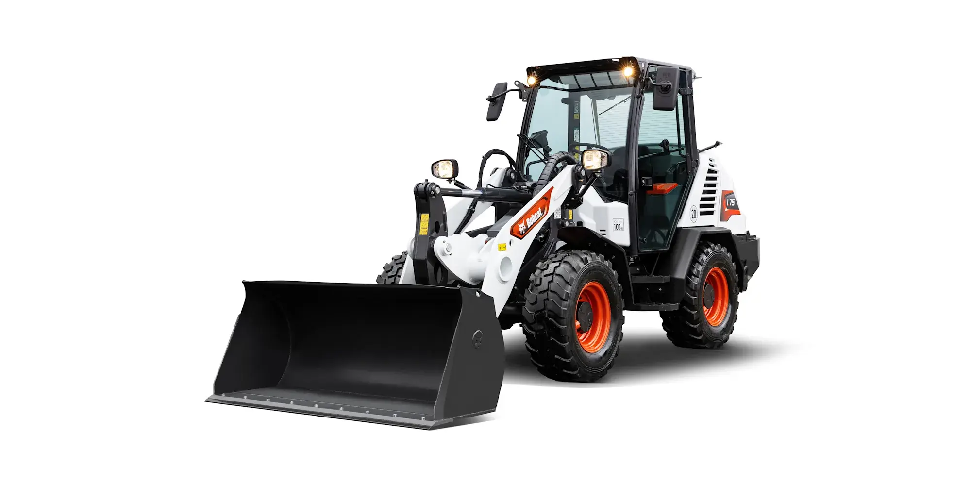 Bobcat L75 wiellader, white loader with black bucket, De Jong Techniek work.