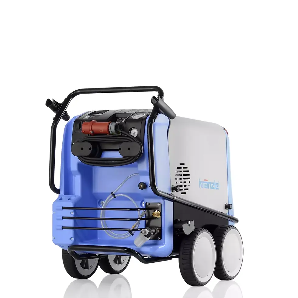 Thumbnail: Blauwe Kranzle - Therm 1000 RP hogedrukreiniger, De Jong Techniek, met details en wielen.
