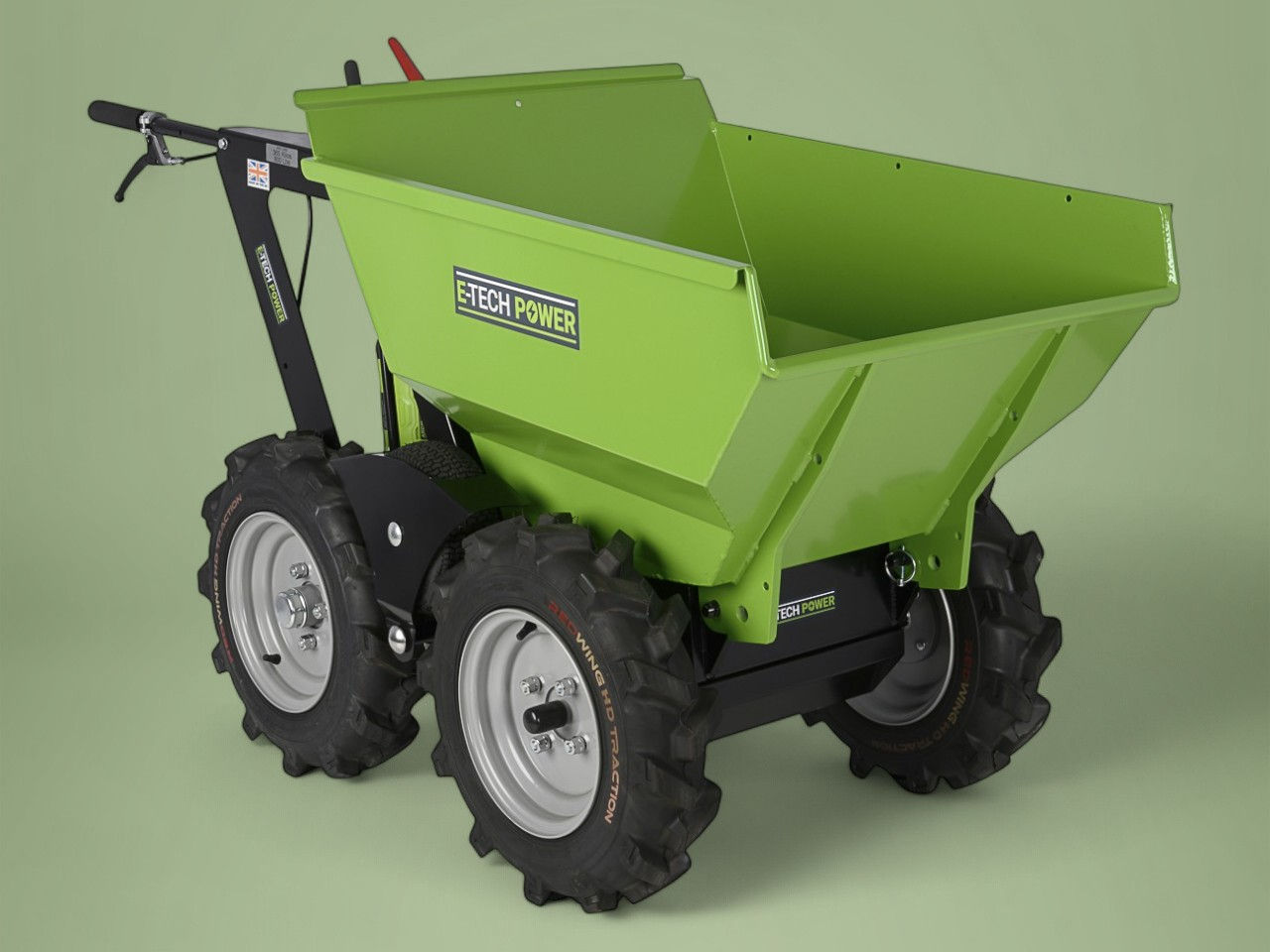 Groene E-Tech Power MT-TR350 4X4 Motorkruiwagen met zwarte wielen klaar voor gebruik.