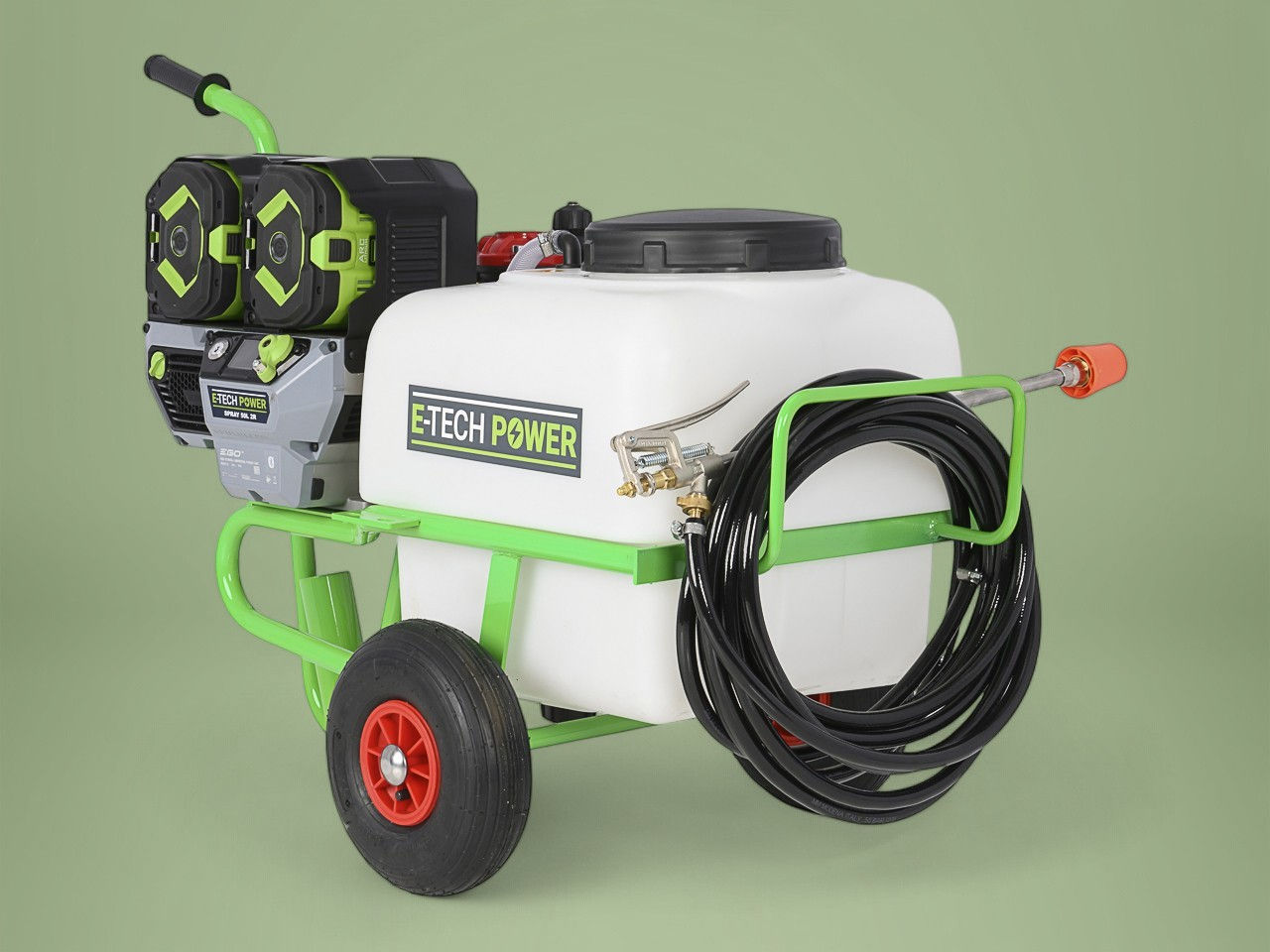 A-TECH POWER pressure washer with tank and hose on green frame background.