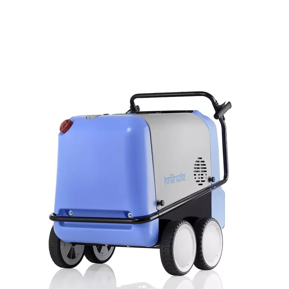 Thumbnail: Blauwe hogedrukreiniger, Kranzle - Therm 635-1, met zwarte handgreep en wielen op witte achtergrond.