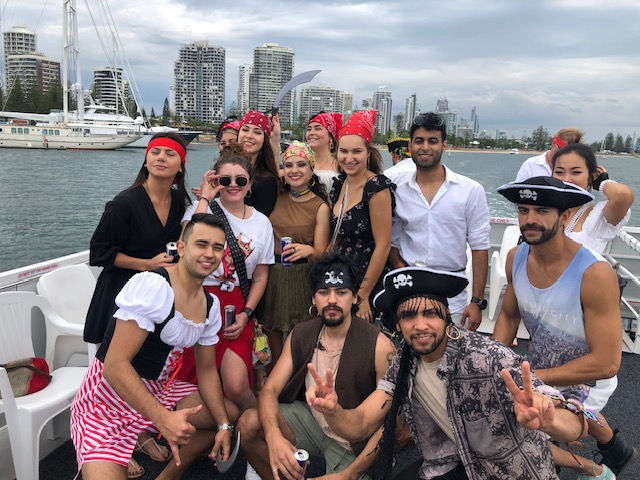 Group in fancy dress on board on the Gold Coast Broadwater
