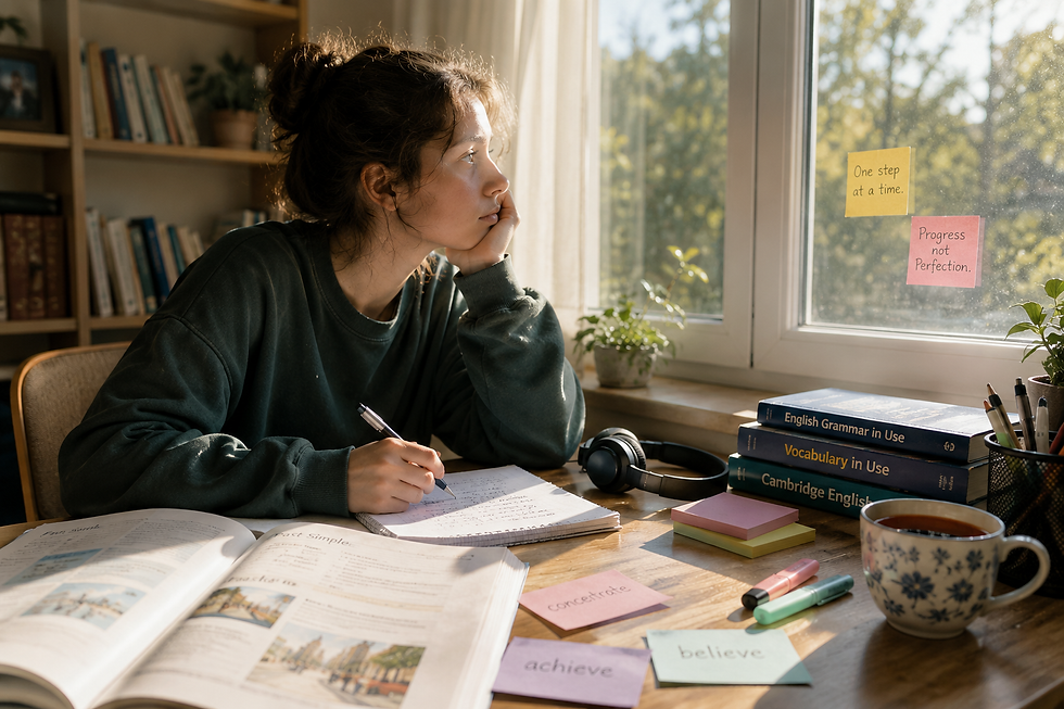Eye-level view of a student studying with IELTS materials