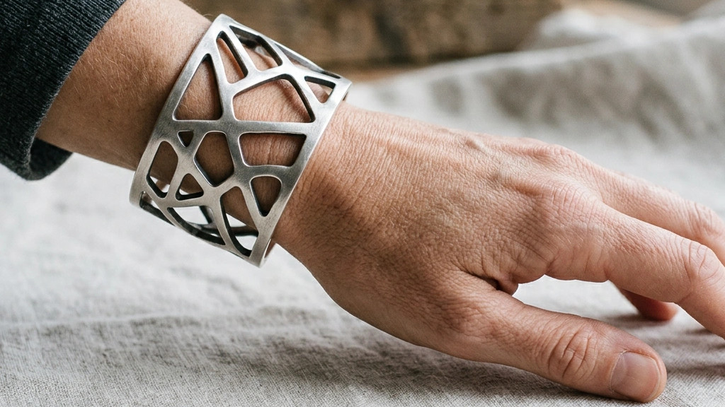 Close-up of a hand wearing a silver geometric cuff bracelet resting on a light fabric surface.