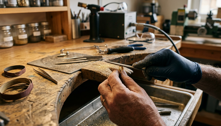 Close-up of a jeweler’s hands filing a gold ring at a workbench.