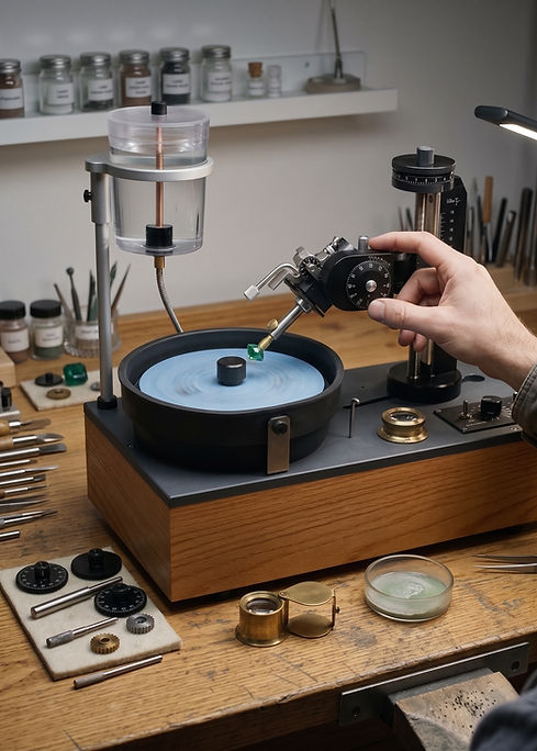 Artisan hand-faceting a colored gemstone on an analog mast faceting machine