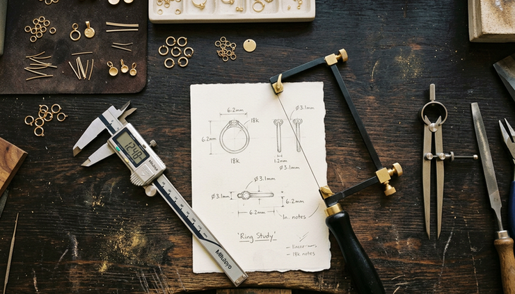 Overhead view of gold components arranged beside calipers and a fine saw blade.