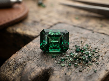 Emerald-cut green gemstone on a weathered wooden surface, with scattered gem chips beside it, in a moody close-up.