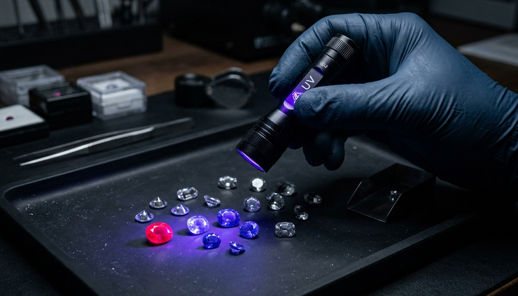 Eye-level view of a gemologist holding a UV lamp near loose stones